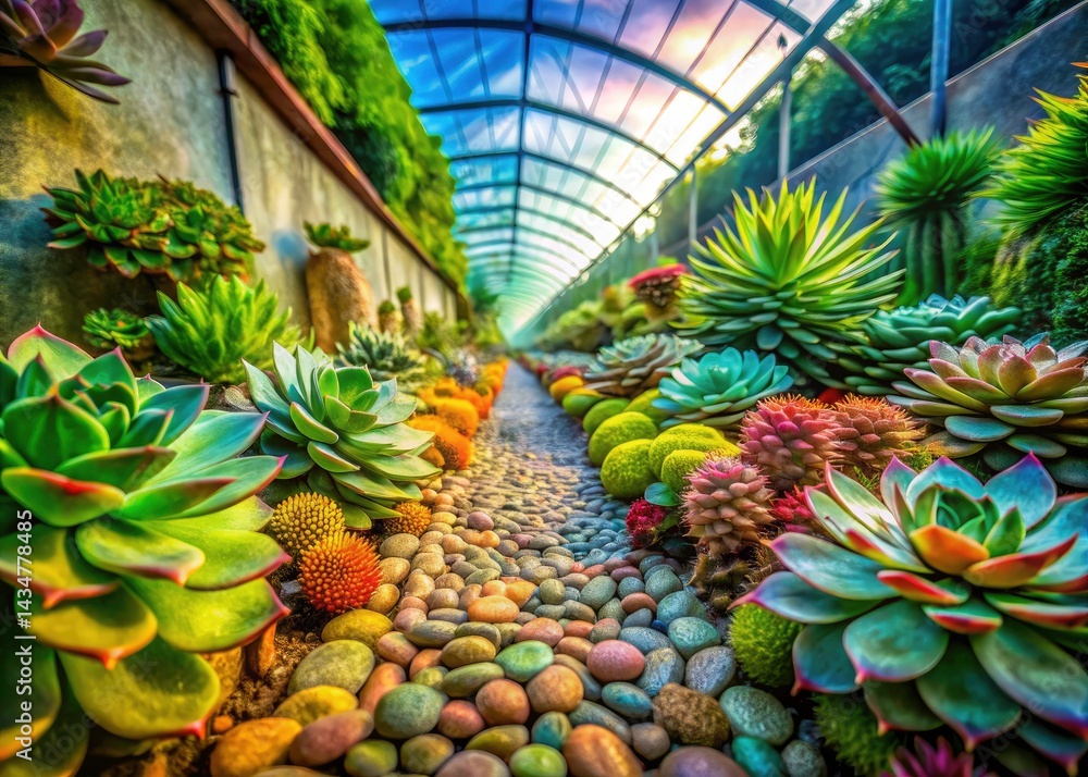 Fototapeta premium Double Exposure Succulent Garden Greenhouse Path - AI Generated Image, Square Stone Pathway, Botanical Photography