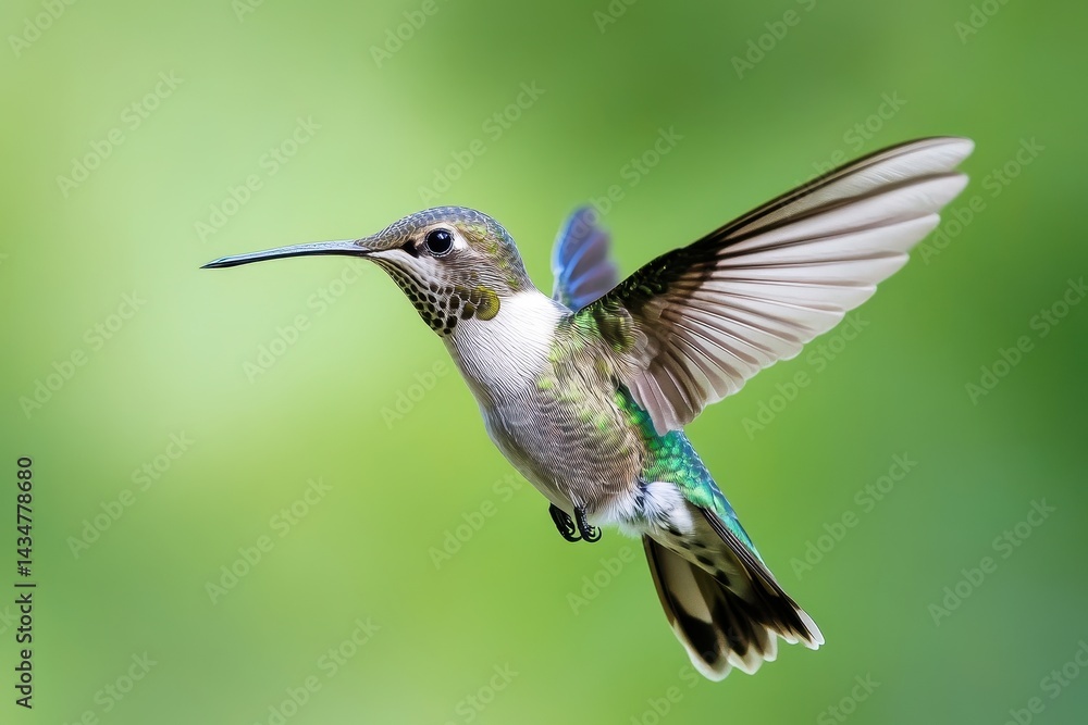 Fototapeta premium A swift hummingbird soars through a vibrant green backdrop.