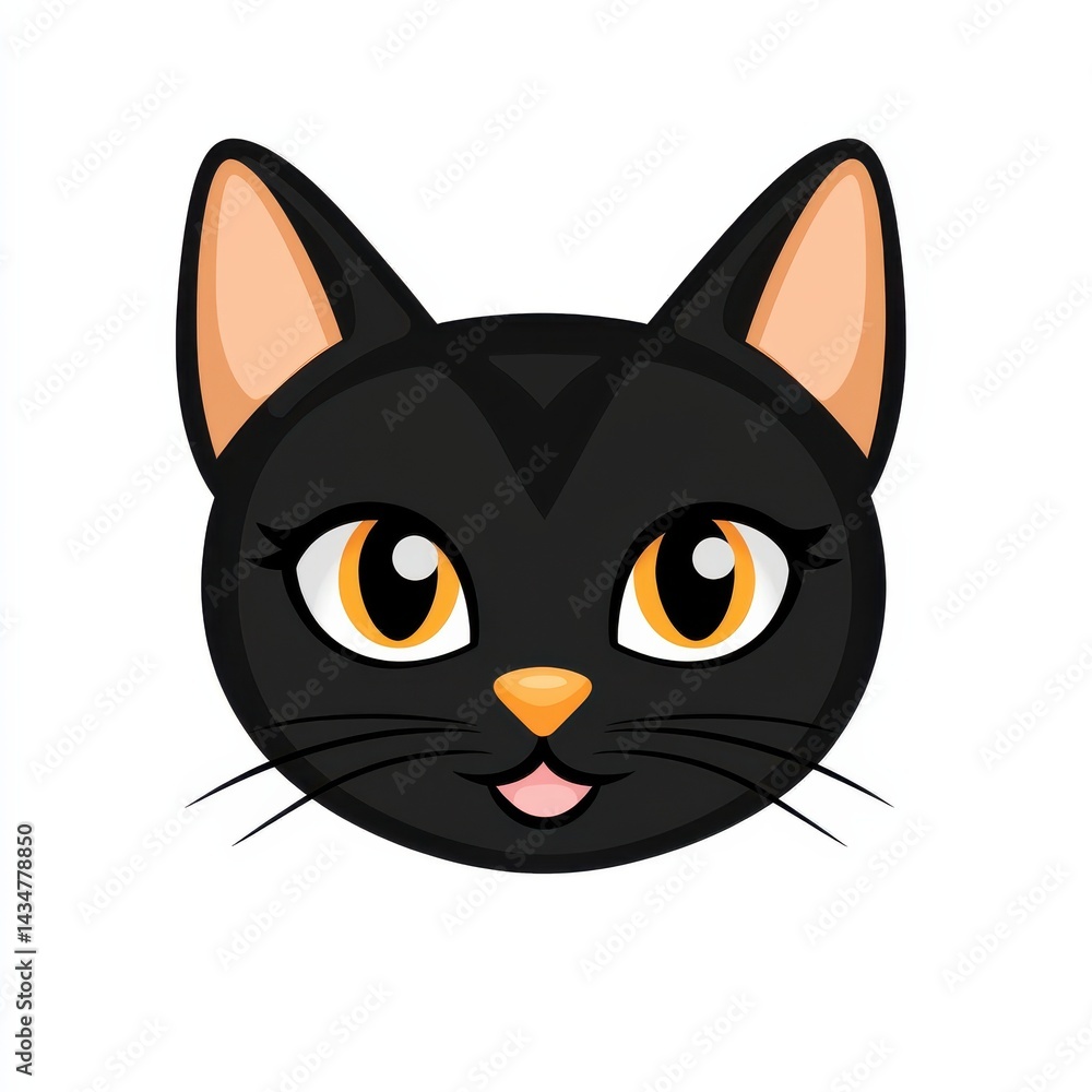 Cartoon illustration of a black cat with orange eyes and a pink tongue on a white background Cartoon illustration of a black cat with orange eyes and a pink tongue on a white background