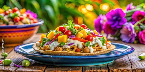 Double Exposure: Vibrant Mexican Tostada with Cashews & Fresh Veggies - Blue Bowl