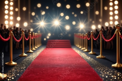 An elegant red carpet stretches forward amidst shimmering lights and crowd silhouettes
