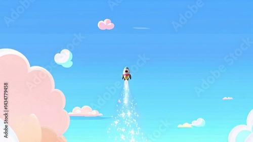 smooth looping animation of smiling rocket flying between animated fluffy clouds in bright blue sky in cinematic flat style