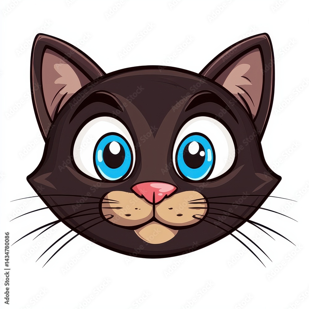 Fototapeta premium Cartoon cat face with large blue eyes and dark brown fur