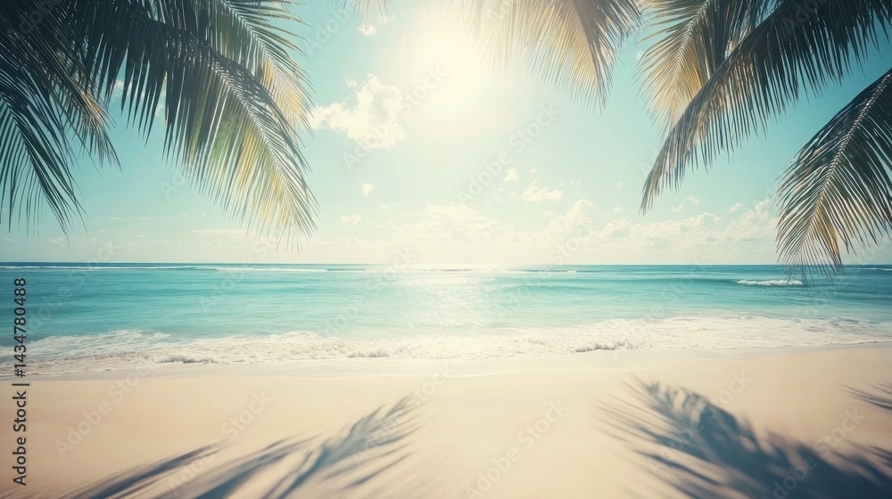 Obraz premium A serene view of palm tree shadows on a sunlit tropical beach with fine sand, the soft contrast between light and dark creating a relaxing