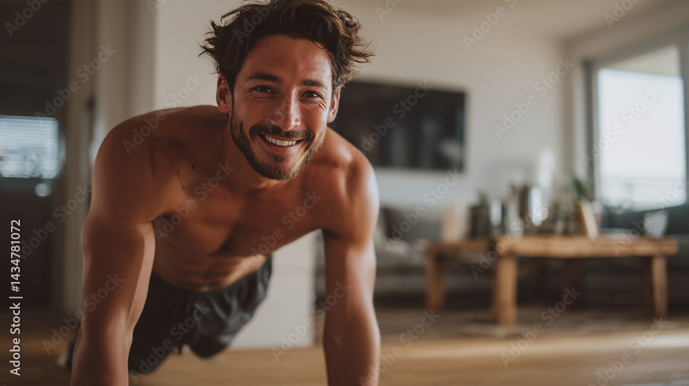 Obraz premium Man doing pushups at home fitness workout routine strength training exercise healthy lifestyle motivation