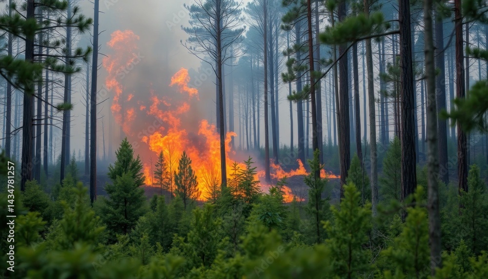 Obraz premium Inferno in the Woodland: A Devastating Forest Fire Consuming Nature's Realm
