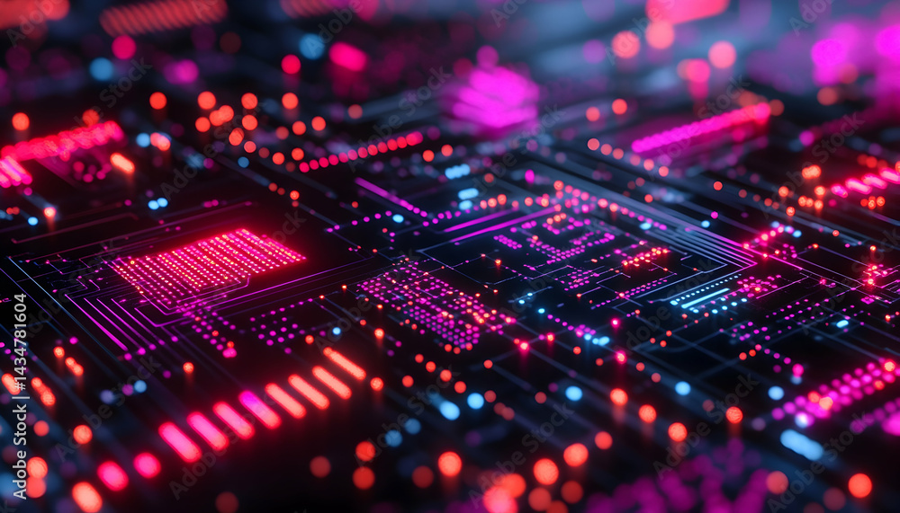Fototapeta premium Abstract glowing circuit board, digital technology, pink and blue neon lights, futuristic technology background.