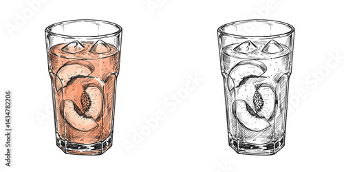 Peach Lemonade Glass with Ice Illustration. Sketch Vector Art, Bright Color and Monochrome Versions on Transparent Background. Refreshing Summer Drink Concept. For Menus, Recipes, Blogs, Packaging
