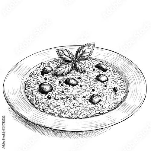 isotto Plate with Olives and Basil Sketched Vector. Black and White Illustration on Transparent Background. Italian Cuisine, Dining, Food Concept. For Menus, Food Blogs, Recipes, Packaging