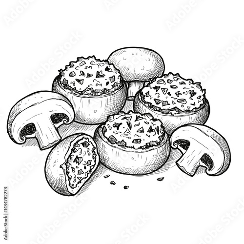 Stuffed Mushrooms Detailed Sketch Vector Illustration. Monochrome Art on Transparent Background. Food, Appetizer, Culinary Concept. For Menus, Recipes, Blogs, Packaging