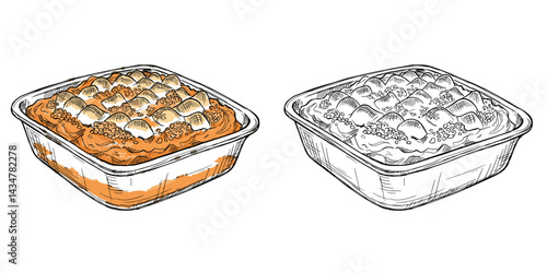 Sweet Potato Casserole Dish Vector Illustration. Color and Sketch Versions on Transparent Background. Food, Baking, Side Dish, Holiday Meal Concept. For Food Blogs, Menus, Recipes, Packaging