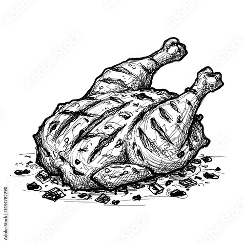 Grilled Tandoori Chicken on Platter with Spices Sketch Vector. Monochrome Art on Transparent Background. Indian Cuisine, Grilling, Food Concept. For Menus, Recipes, Blogs, Packaging