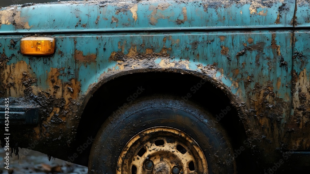 Fototapeta premium Muddy Old Car Wheel and Fender
