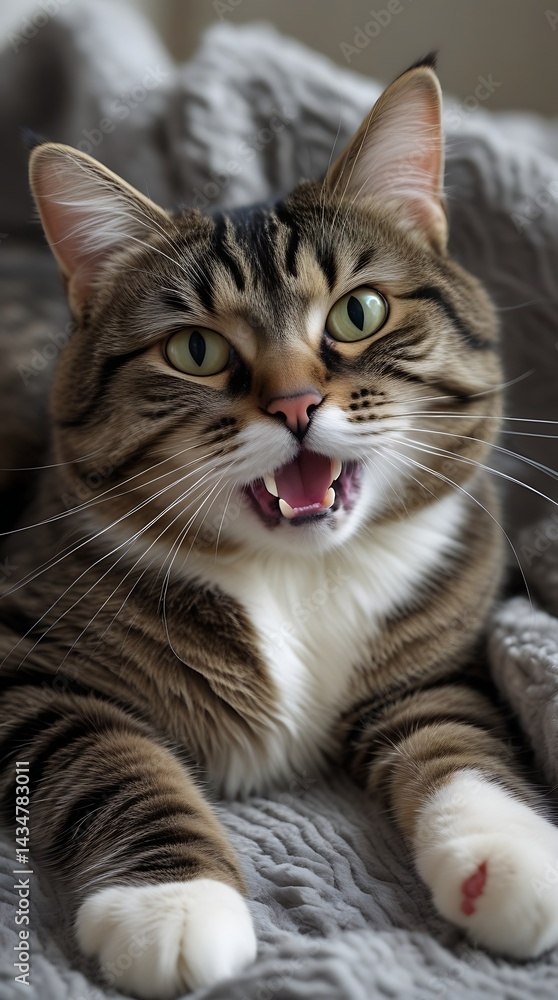 Adorable tabby cat lying on a cozy gray blanket, looking alert with green eyes and open mouth, showing a playful and lively expression in a warm, indoor setting.
Adorable tabby cat lying on a cozy gray blanket, looking alert with green eyes and open mouth, showing a playful and lively expression in a warm, indoor setting.