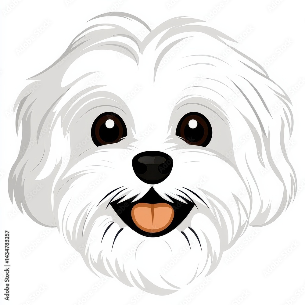 Cartoon illustration of a small dog with white fur and dark eyes Cartoon illustration of a small dog with white fur and dark eyes