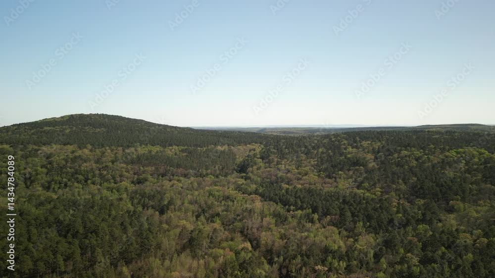 Aerial of Ozark National Forest in springtime near Russellville on sunny day Aerial of Ozark National Forest in springtime near Russellville on sunny day