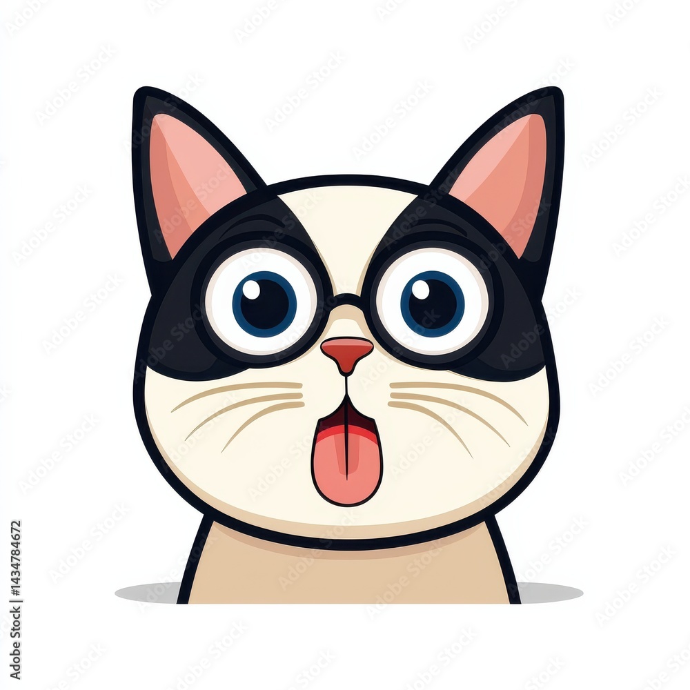 Cartoon illustration of a white cat with black markings and bright blue eyes Cartoon illustration of a white cat with black markings and bright blue eyes