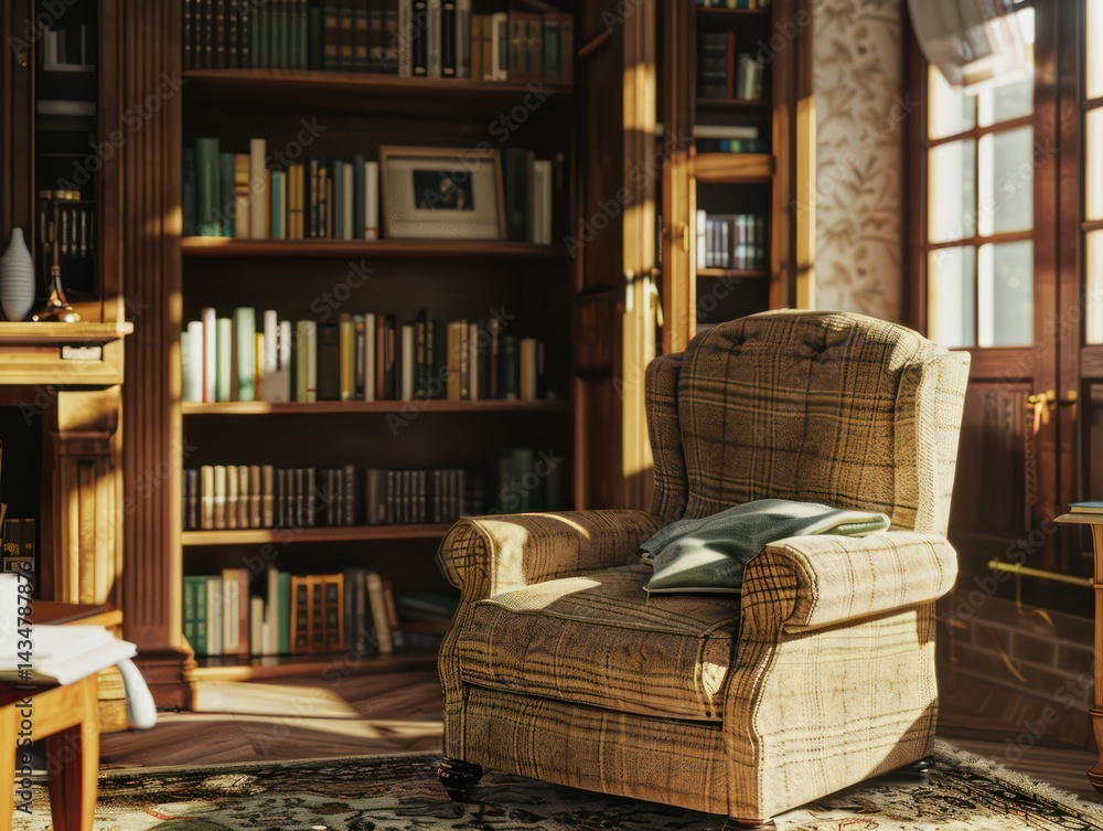 Cozy library interior with bookshelves and armchair Cozy library interior with bookshelves and armchair