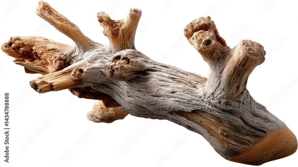 Obraz premium Driftwood Sculpture: A piece of driftwood with a unique, organic shape and texture, showing signs of weathering and age. The wood is light beige and brown with a rustic appeal.