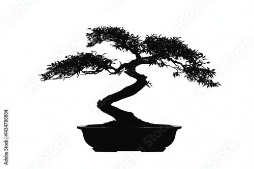 Bonsai tree silhouette zen japanese art miniature potted plant black and white isolated design 95 char