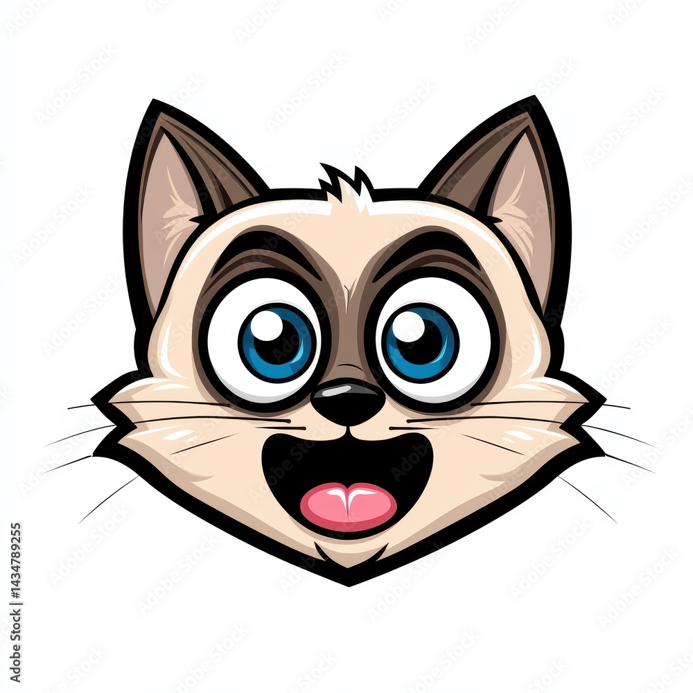 Fototapeta premium Cartoon cat face with large blue eyes and open mouth on white background