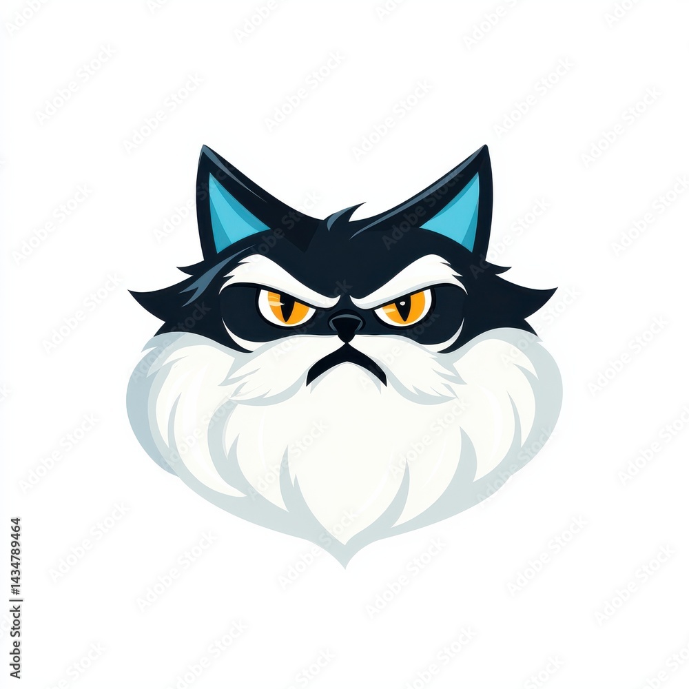 Obraz premium Cartoon illustration of a cat with white fur, yellow eyes, blue ears, and black facial features