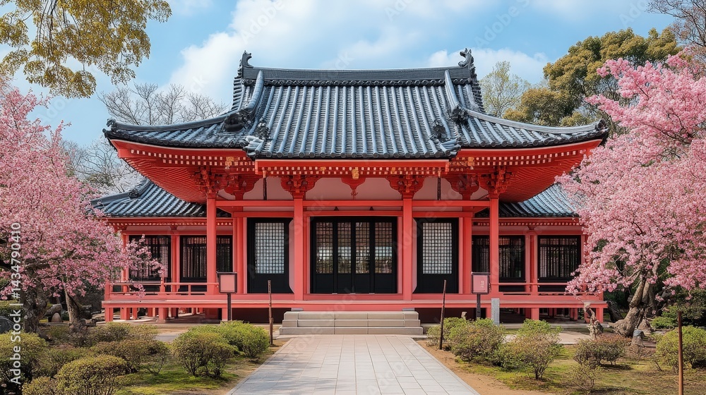 Fototapeta premium Elegant traditional temple facade with vibrant pink structure.