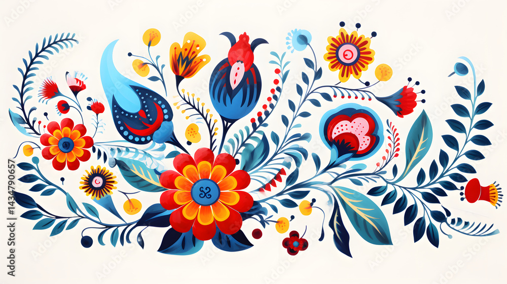 Fototapeta premium hand drawn illustration of eastern folk art fairy tale vintage style flowers background poster decorative painting
