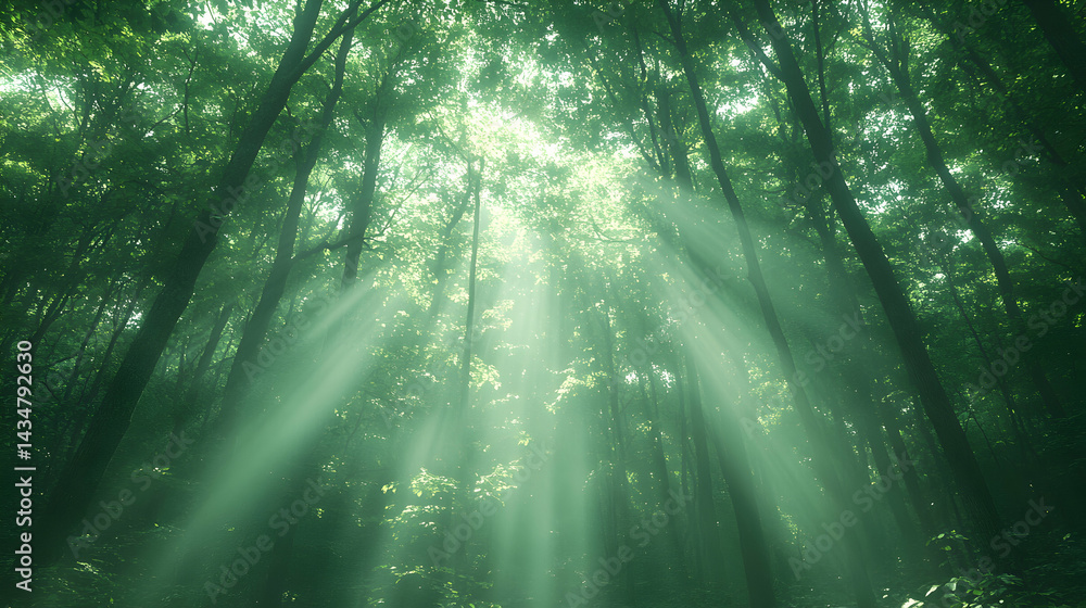 Naklejka premium Mystical sunbeams pierce through a dense, verdant forest, creating an ethereal and tranquil atmosphere. Perfect for nature, serenity, and peace themes.