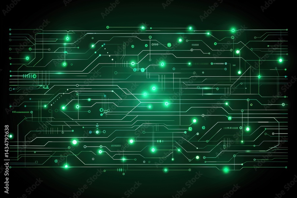 Fototapeta premium Circuit board design with glowing elements on a dark background.