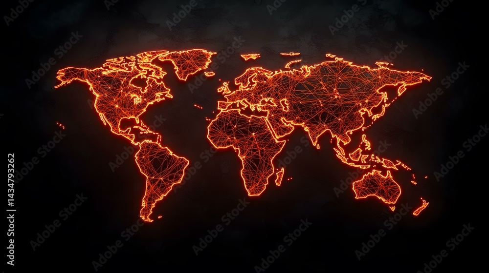The image contains an orange glowing world map on a dark background. The map is depicted as a network of interconnected lines and nodes, suggesting global connectivity. The image contains an orange glowing world map on a dark background. The map is depicted as a network of interconnected lines and nodes, suggesting global connectivity.