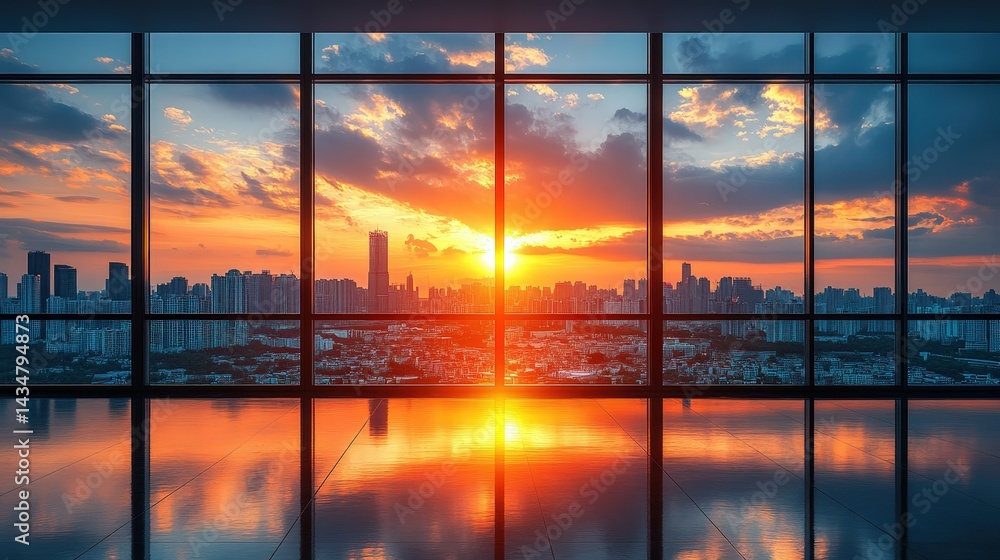 Fototapeta premium Dramatic sunset view of a city skyline through large windows.