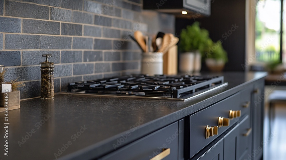 Modern Dark Kitchen with Gold Accents: Sleek Gas Stove and Granite Countertops Modern Dark Kitchen with Gold Accents: Sleek Gas Stove and Granite Countertops