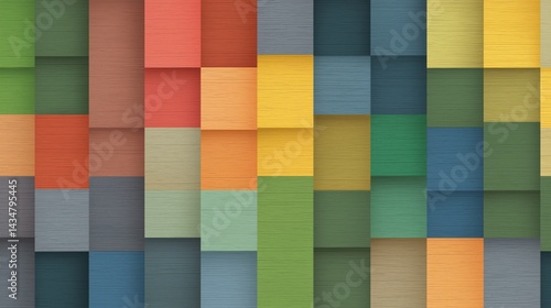 Colorful abstract wall with various wooden tiles arranged in a vibrant pattern creating a lively decorative effect.