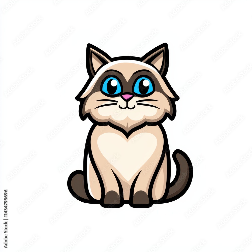 Cartoon cat sitting upright with front paws tucked under body and smiling Cartoon cat sitting upright with front paws tucked under body and smiling