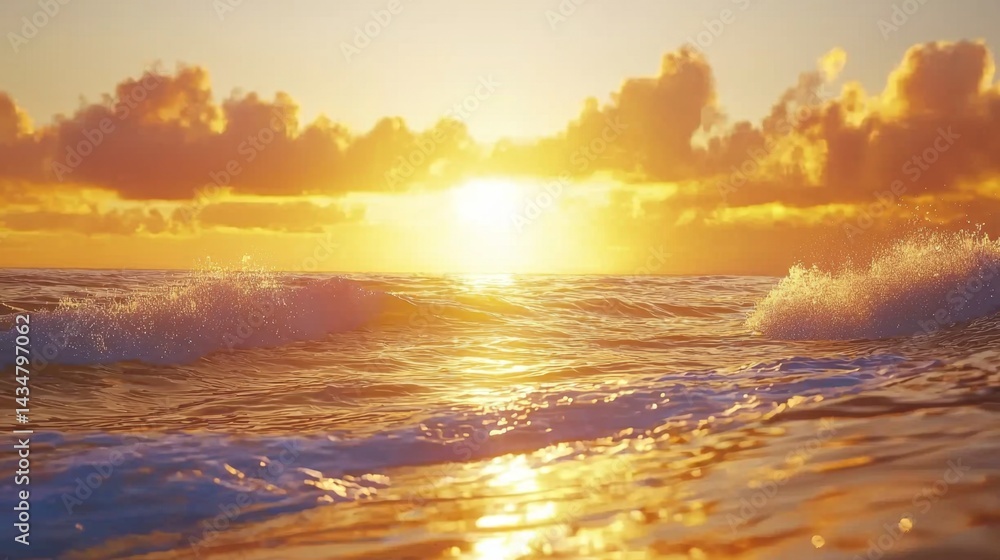 Fototapeta premium Scenic Sunrise Over Gentle Ocean Waves with Warm Colors and Soft Clouds Illuminated by Golden Sunlight
