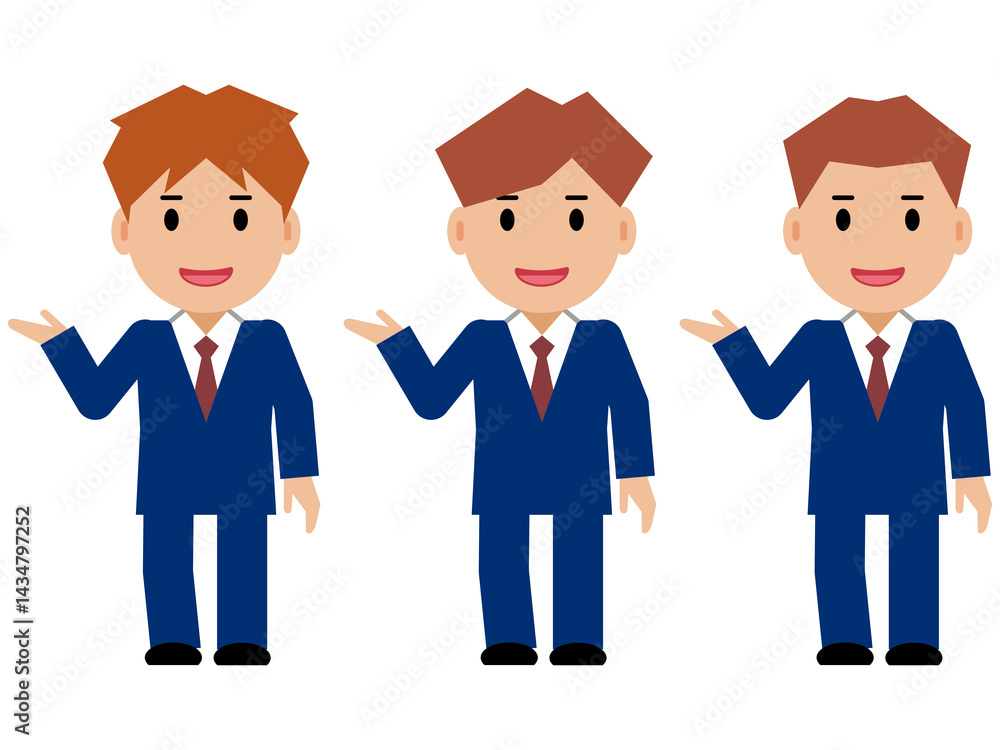 こちら、と笑顔の紺色スーツの若い男性 こちら、と笑顔の紺色スーツの若い男性