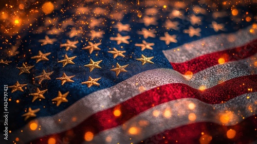 Close-up view of the American flag with festive lights and sparkles.