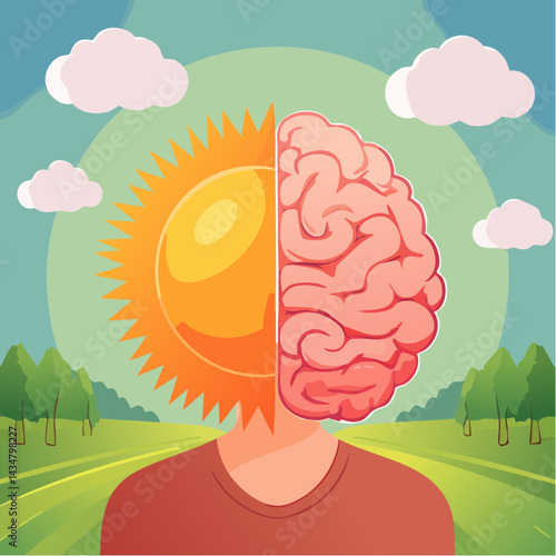 A sun and storm split across one brain, showing good and bad mental days.
