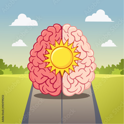 A sun and storm split across one brain, showing good and bad mental days.
