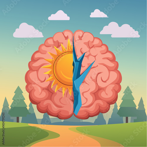 A sun and storm split across one brain, showing good and bad mental days.
