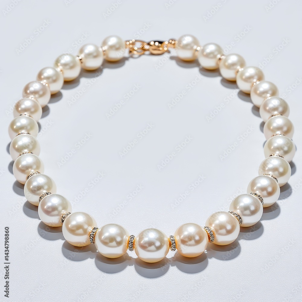 Fototapeta premium Elegant Cream Pearl Necklace with Gold Clasp on White Background