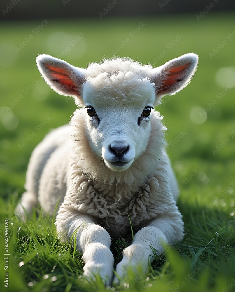 Obraz premium Charming fluffy lamb resting on a fresh green field in daylight, capturing the beauty of rural farm life, nature tranquility, and the innocence of young animals 