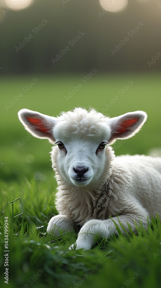 Fototapeta premium Charming fluffy lamb resting on a fresh green field in daylight, capturing the beauty of rural farm life, nature tranquility, and the innocence of young animals 
