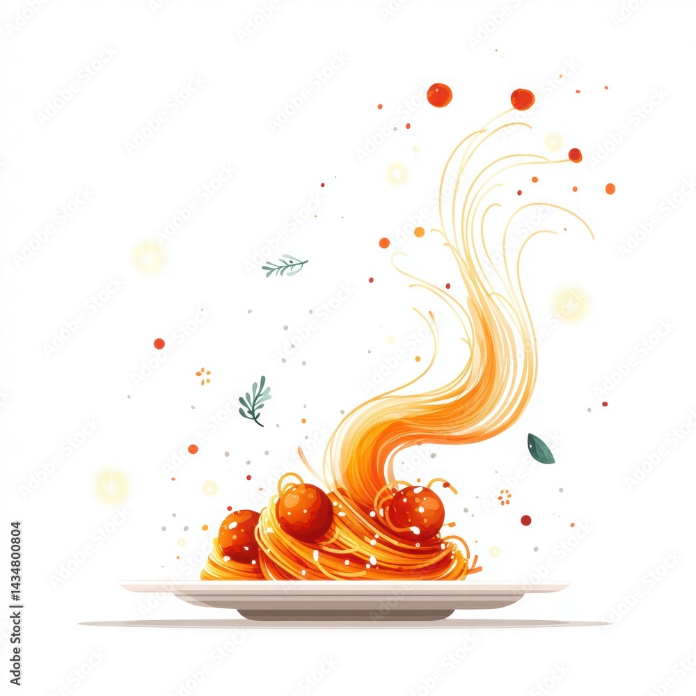 Artistic Illustration of Spaghetti with Meatballs on a White Plate