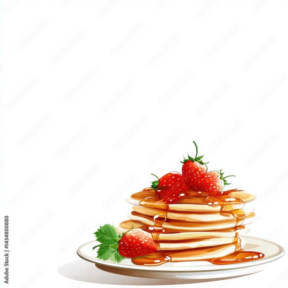 Stack of Delicious Pancakes with Strawberries and Syrup Drizzle
