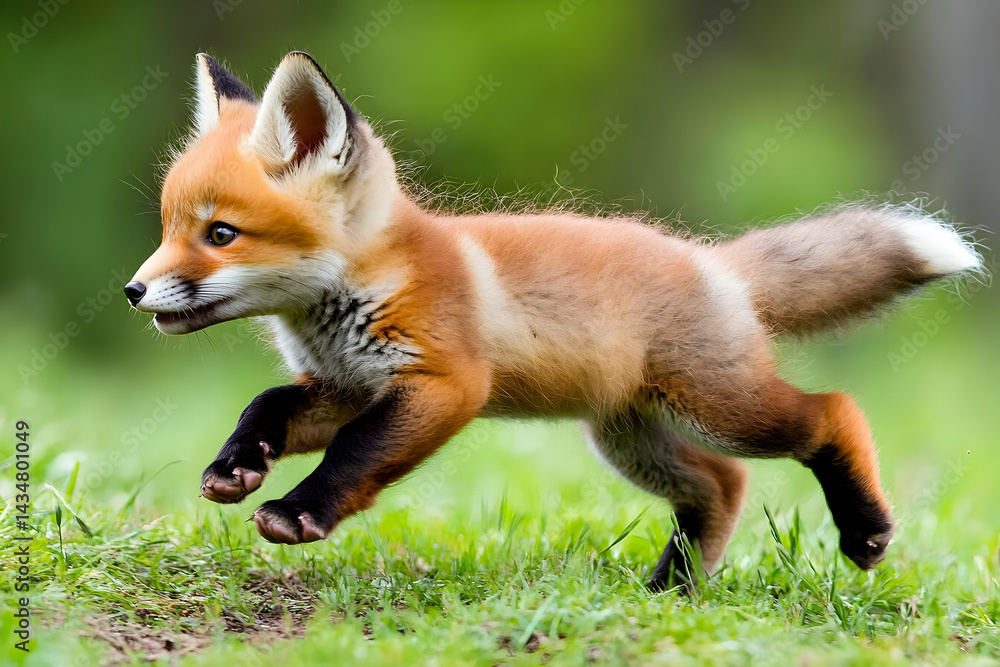Fototapeta premium Adorable red fox kit leaping playfully through vibrant green grass, showcasing its fluffy fur and charming features.