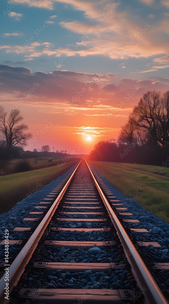 Obraz premium Railroad tracks vanishing into the glowing sunset, creating a dramatic scene of travel, dreams, distance, adventure, and the passage through stunning countryside views 