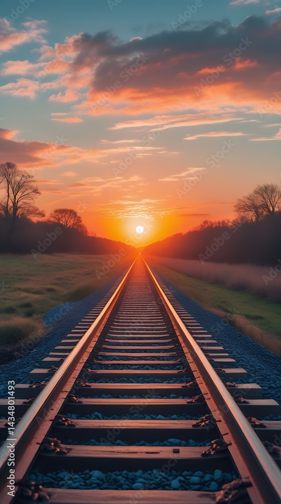 Obraz premium Railroad tracks vanishing into the glowing sunset, creating a dramatic scene of travel, dreams, distance, adventure, and the passage through stunning countryside views 