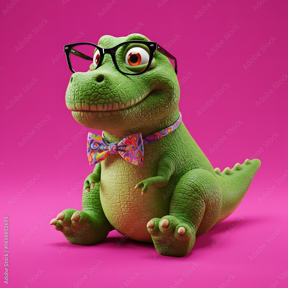 Fototapeta premium 3D Green cartoon-like Crocodile wearing glasses and a colorful bow tie.